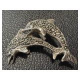 Pair of Sterling Silver Marcasite Dolphin and Turtle Brooches 1.5 Inch