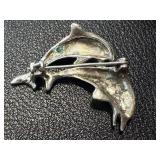 Pair of Sterling Silver Marcasite Dolphin and Turtle Brooches 1.5 Inch