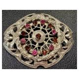Vintage Silver Tone Scottish Celtic Thistle Brooch with Pink and Amber Stones