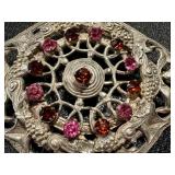 Vintage Silver Tone Scottish Celtic Thistle Brooch with Pink and Amber Stones