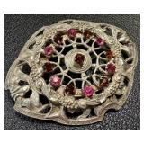 Vintage Silver Tone Scottish Celtic Thistle Brooch with Pink and Amber Stones