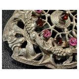 Vintage Silver Tone Scottish Celtic Thistle Brooch with Pink and Amber Stones