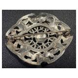 Vintage Silver Tone Scottish Celtic Thistle Brooch with Pink and Amber Stones