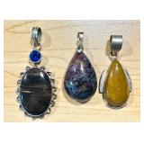 Set of 3 Sterling Silver Gemstone Pendants Jasper Obsidian Pietersite