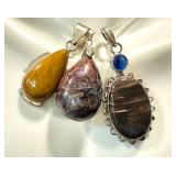 Set of 3 Sterling Silver Gemstone Pendants Jasper Obsidian Pietersite