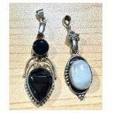 Pair of Sterling Silver Gemstone Pendants with Black Onyx and Moonstone