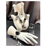 Art Glass Jewelry Set with 20 Inch Necklace, 7 Inch Bracelet, and Earrings - Black and White