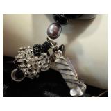 Art Glass Jewelry Set with 20 Inch Necklace, 7 Inch Bracelet, and Earrings - Black and White