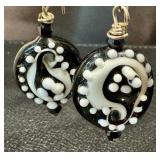 Art Glass Jewelry Set with 20 Inch Necklace, 7 Inch Bracelet, and Earrings - Black and White