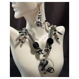 Art Glass Jewelry Set with 20 Inch Necklace, 7 Inch Bracelet, and Earrings - Black and White