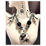 Art Glass Jewelry Set with 20 Inch Necklace, 7 Inch Bracelet, and Earrings - Black and White
