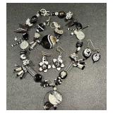 Art Glass Jewelry Set with 20 Inch Necklace, 7 Inch Bracelet, and Earrings - Black and White