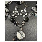 Art Glass Jewelry Set with 20 Inch Necklace, 7 Inch Bracelet, and Earrings - Black and White