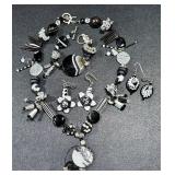 Art Glass Jewelry Set with 20 Inch Necklace, 7 Inch Bracelet, and Earrings - Black and White