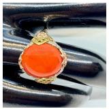 Vintage Filigree Ring with Red Cabochon Stone and Mixed Metal Floral Details