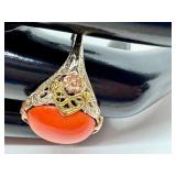 Vintage Filigree Ring with Red Cabochon Stone and Mixed Metal Floral Details