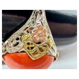 Vintage Filigree Ring with Red Cabochon Stone and Mixed Metal Floral Details