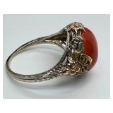 Vintage Filigree Ring with Red Cabochon Stone and Mixed Metal Floral Details