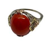 Vintage Filigree Ring with Red Cabochon Stone and Mixed Metal Floral Details