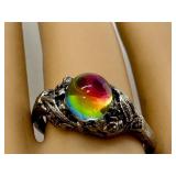 Brutus Style Silvertone Ring with Mystic Rainbow Sphere