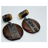 Pair of Peruvian Wood and Sterling Earrings, Marked 925