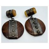 Pair of Peruvian Wood and Sterling Earrings, Marked 925