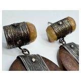 Pair of Peruvian Wood and Sterling Earrings, Marked 925