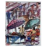Framed Original Watercolor Market Scene Signed by Artist