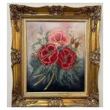Framed Pink & Red Poppies Oil Painting Signed Jody with Ornate Gold Frame
