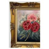 Framed Pink & Red Poppies Oil Painting Signed Jody with Ornate Gold Frame