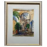 Framed Watercolor Painting of Staircase and Plants, Signed