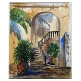 Framed Watercolor Painting of Staircase and Plants, Signed