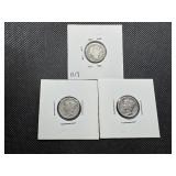 Three Silver Dimes 1913 Barber, 1937 and 1943 S Mercury