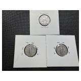 Three Silver Dimes 1913 Barber, 1937 and 1943 S Mercury