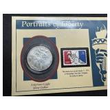 Portraits of Liberty Card with COA 1998 Silver Dollar and 1974 Statue of Liberty Stamp