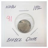 1892 Barber Dime (worn)