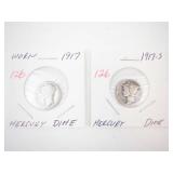 1917 (worn), 1917-S Mercury Dimes