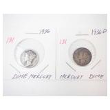 1936, 1936-D Mercury Dimes