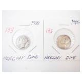 1938, 1945-D Mercury Dimes