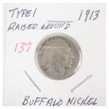 1913 Buffalo Nickel Type 1 (raised ground)