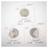group of 3 silver war nickels: 1943 P,D,S
