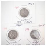 group of 3 silver war nickels: (2) 1944 P,1944-S