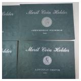 4 mint vintage Merit Coin Holders, Lincoln cents and Jefferson Nickels. Circa 1950