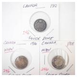 3) Canadian Silver Dimes: 1912, 1916 (worn), 1918 (worn)