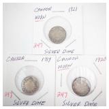 3) Canadian Silver Dimes: 1919, 1920 (worn), 1921 (worn)