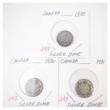 3) Canadian Silver Dimes: 1930, 1931, 1936