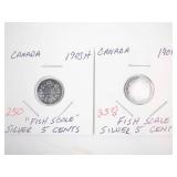 2) Canadian "fish Scale" silver 5 cent pieces: 1901, 1903H