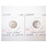 2) Canadian "fish Scale" silver 5 cent pieces: 1912, 1918