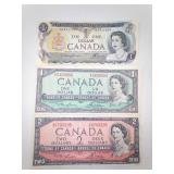 3 Canadian Notes: 2 dollar bill series 1954, 1 dollar bill series 1954, 1973