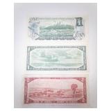 3 Canadian Notes: 2 dollar bill series 1954, 1 dollar bill series 1954, 1973